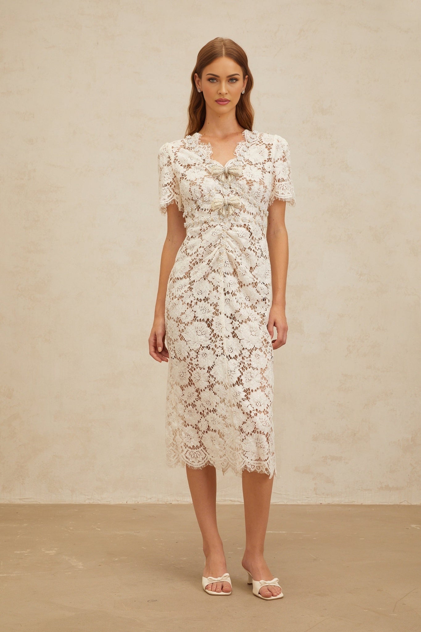 White V-neck Midi Dress with Glitter Detailing and Rhinestone & Bead Embellishment