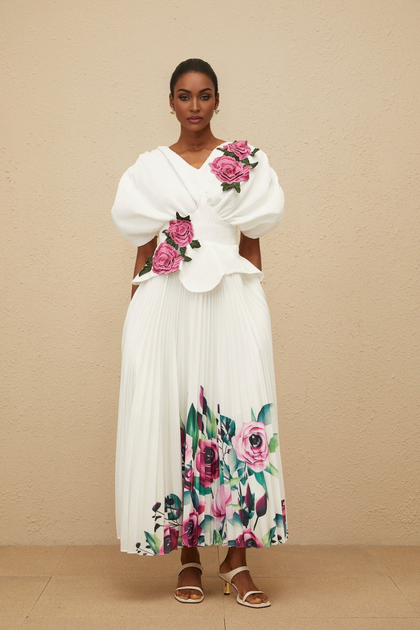 White V-neck Batwing Sleeve Floral Embroidered Shirred Effect Dress with Rear Zip Fastening and Curved Hem