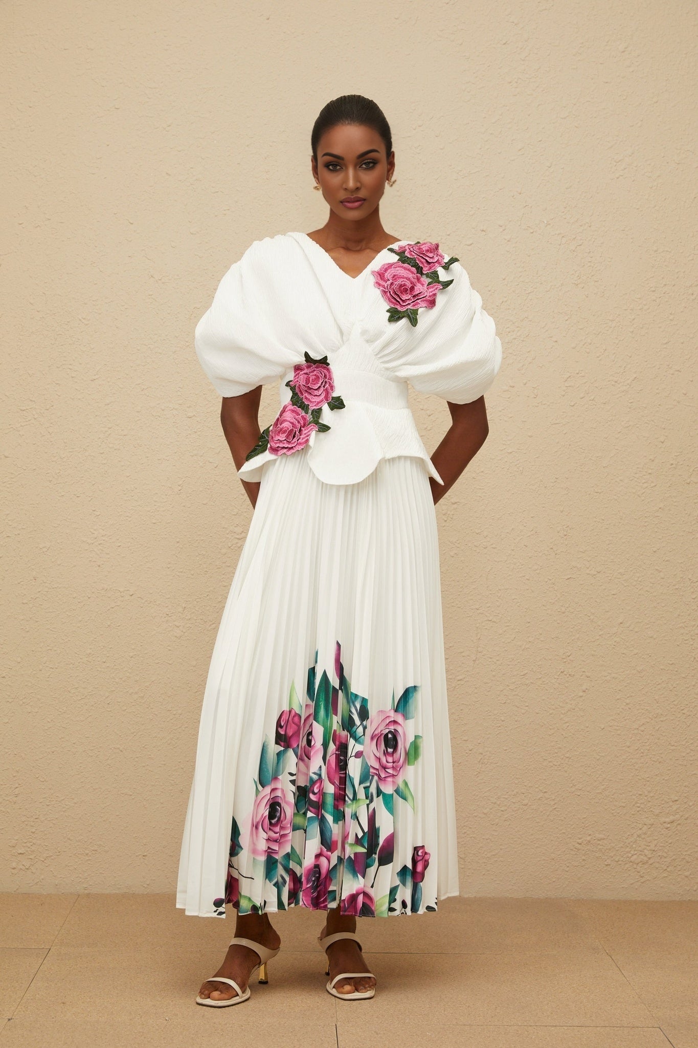 White V-neck Batwing Sleeve Floral Embroidered Shirred Effect Curved Hem Rear Zip Fastening Top and High Rise Pleated Rose Print Maxi Skirt in Terylene Fiber Composition