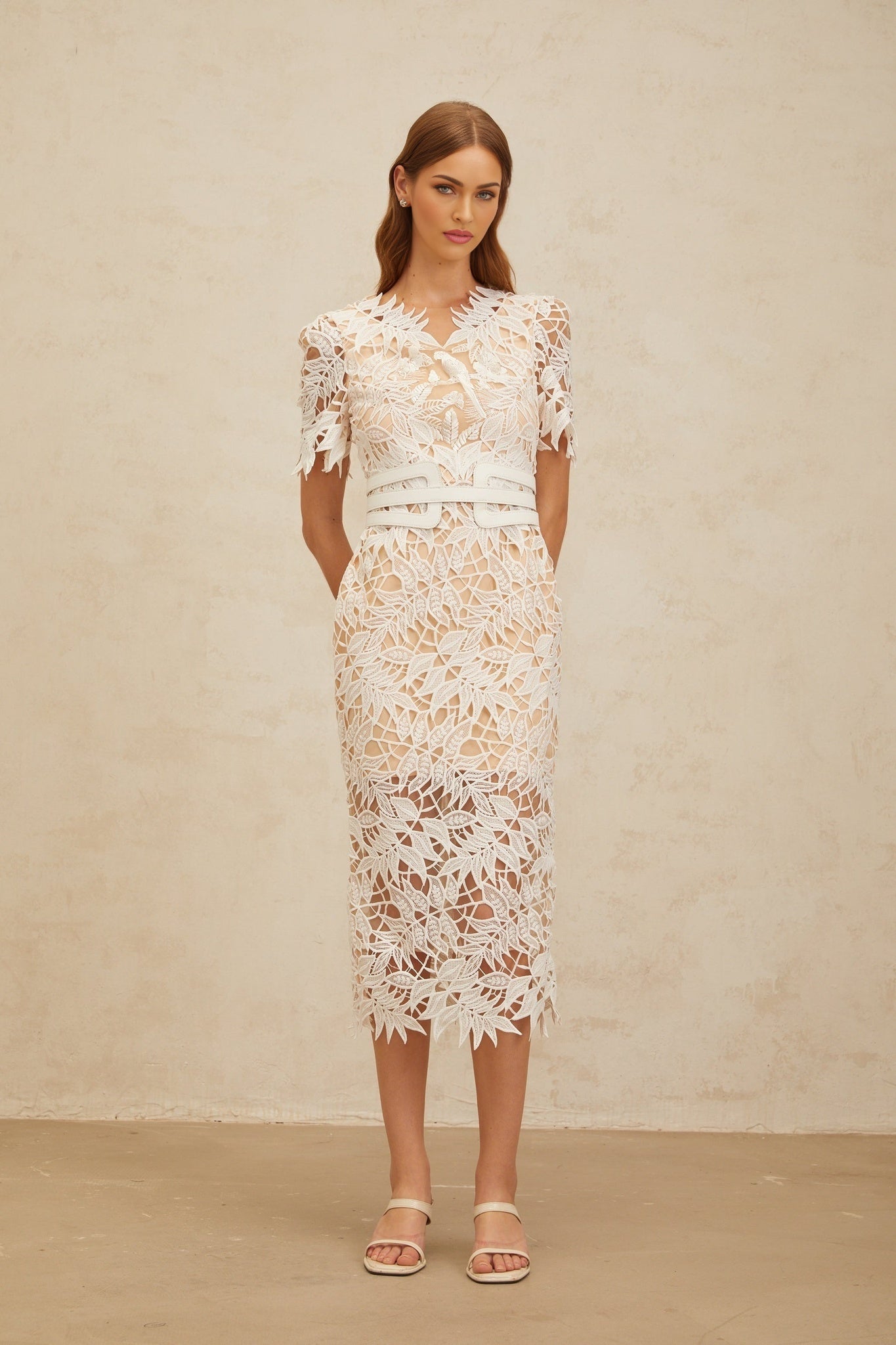 White V-neck belted waist pencil silhouette midi dress with floral embroidered detailing