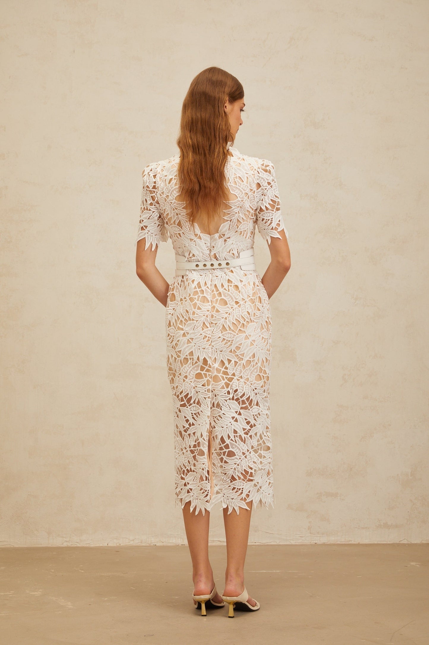White V-neck short sleeve dress with open back and floral embroidery