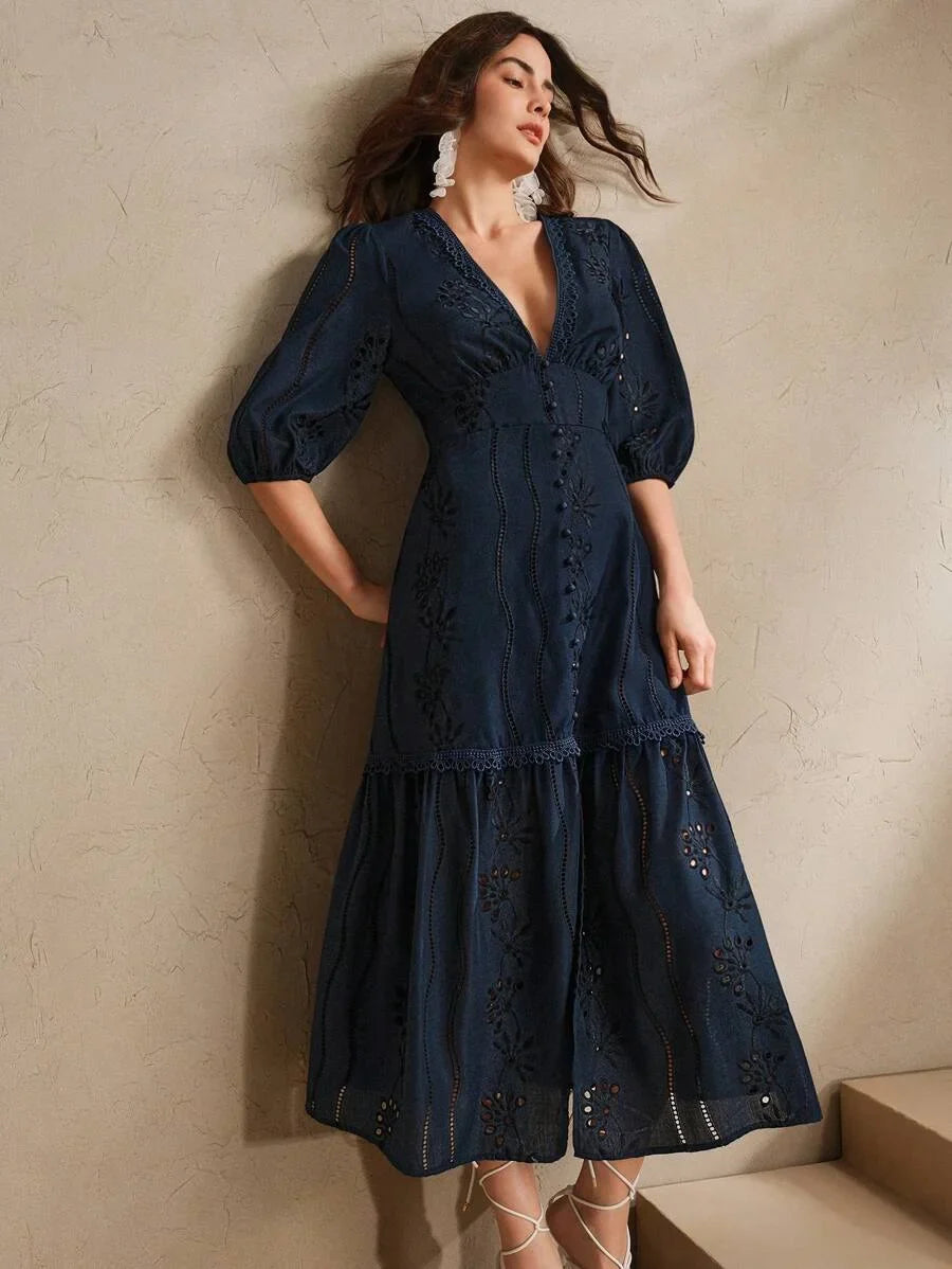 White VNeck Split Hem Floral Lace Dress