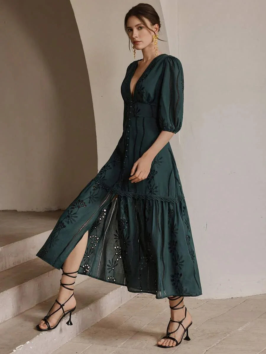 White VNeck Split Hem Floral Lace Dress