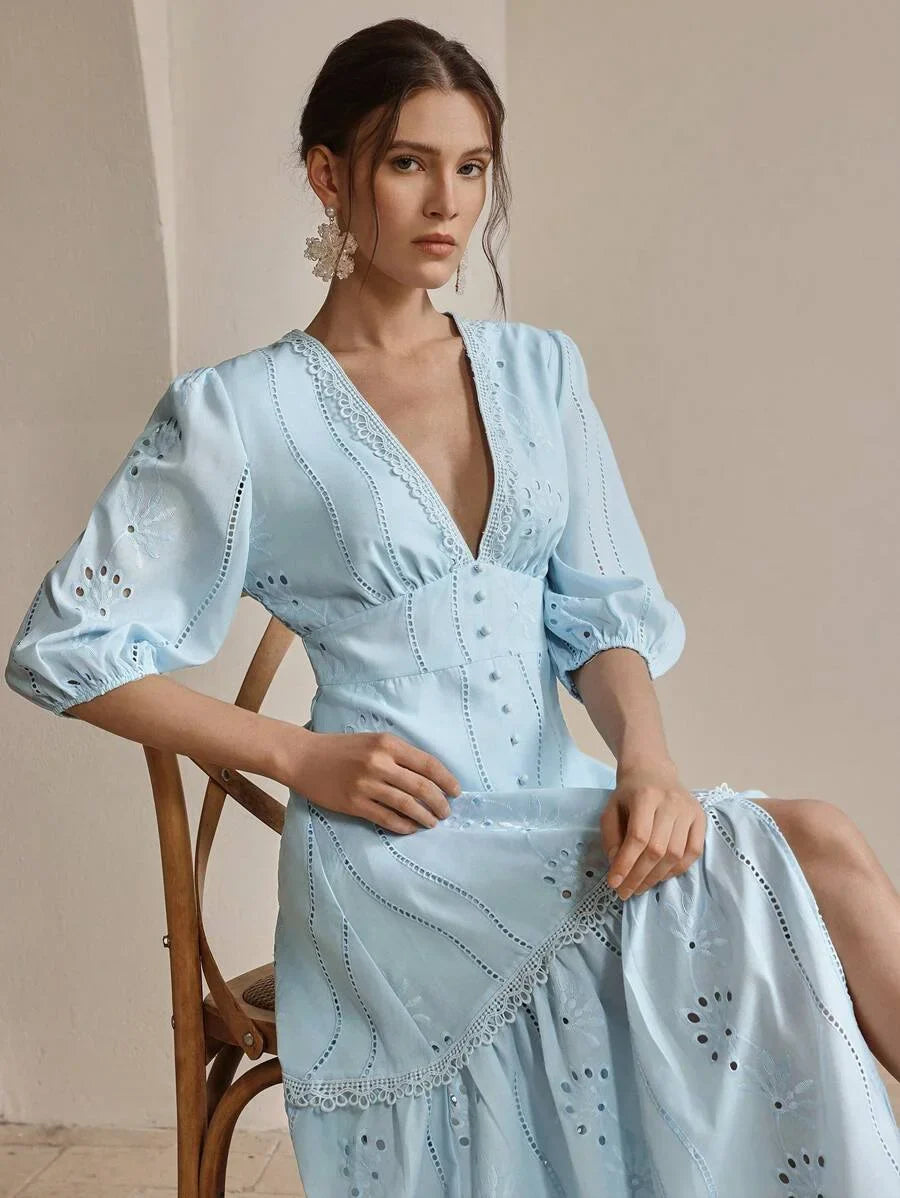 White VNeck Split Hem Floral Lace Dress