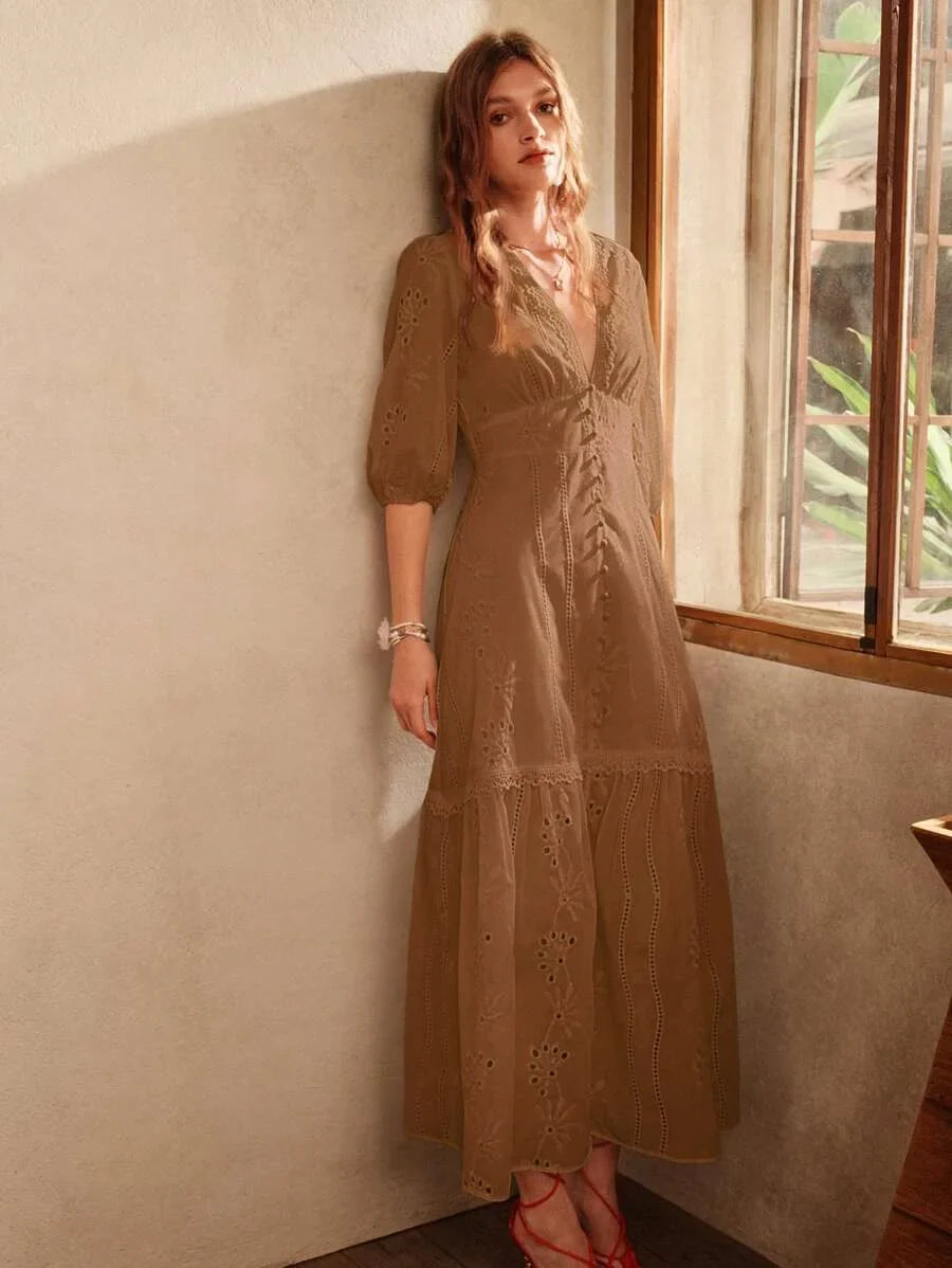 White VNeck Split Hem Floral Lace Dress