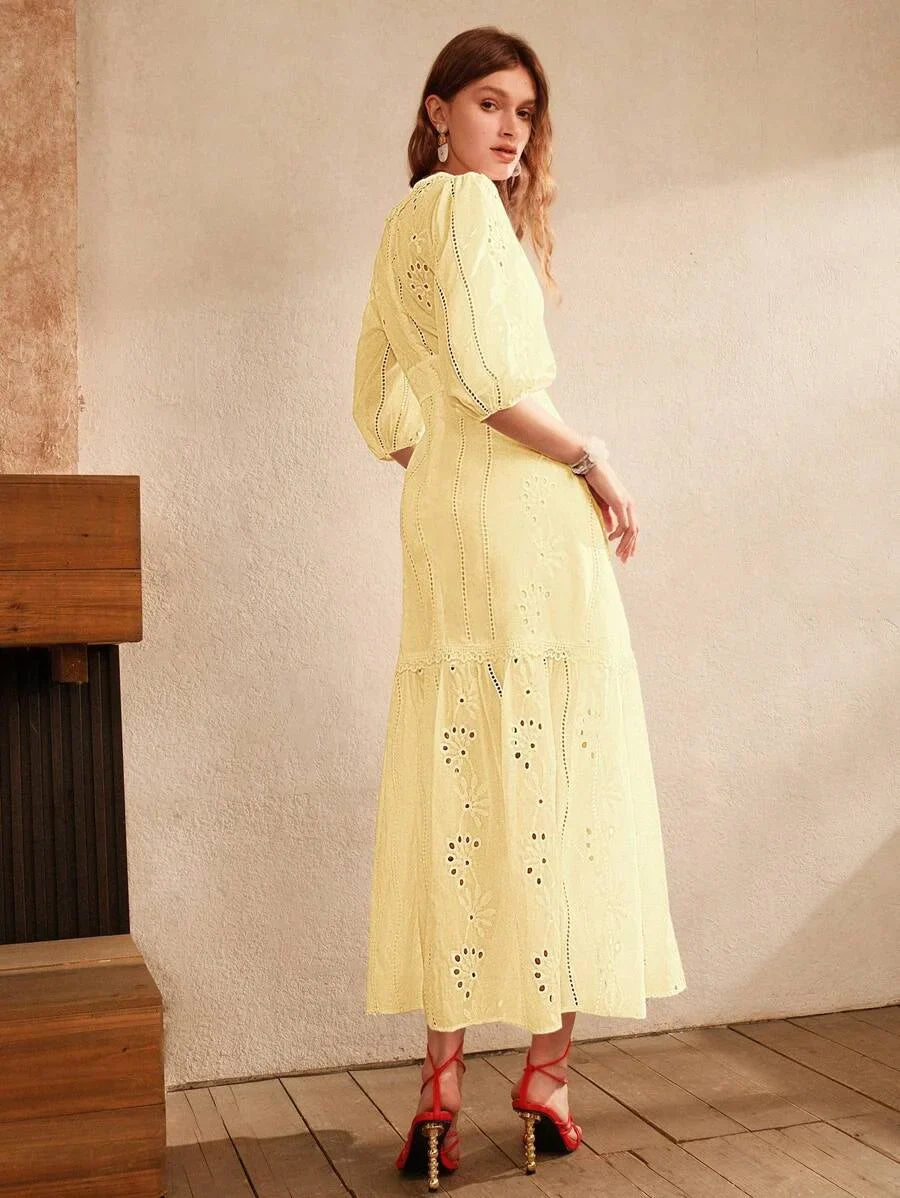 White VNeck Split Hem Floral Lace Dress