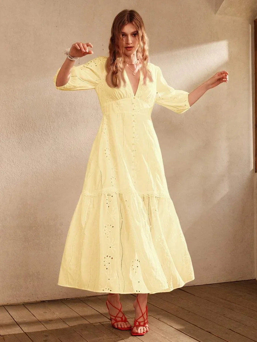 White VNeck Split Hem Floral Lace Dress