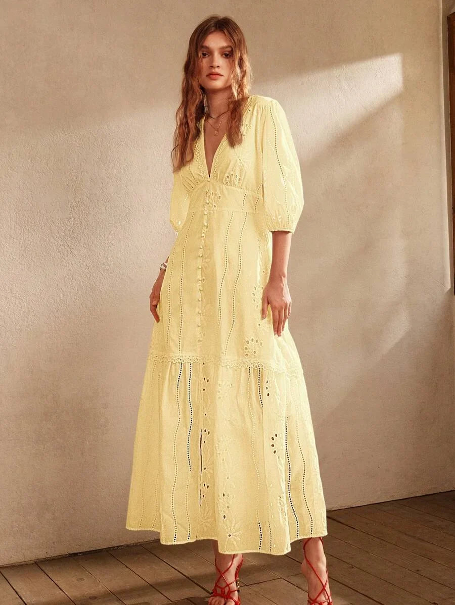 White VNeck Split Hem Floral Lace Dress