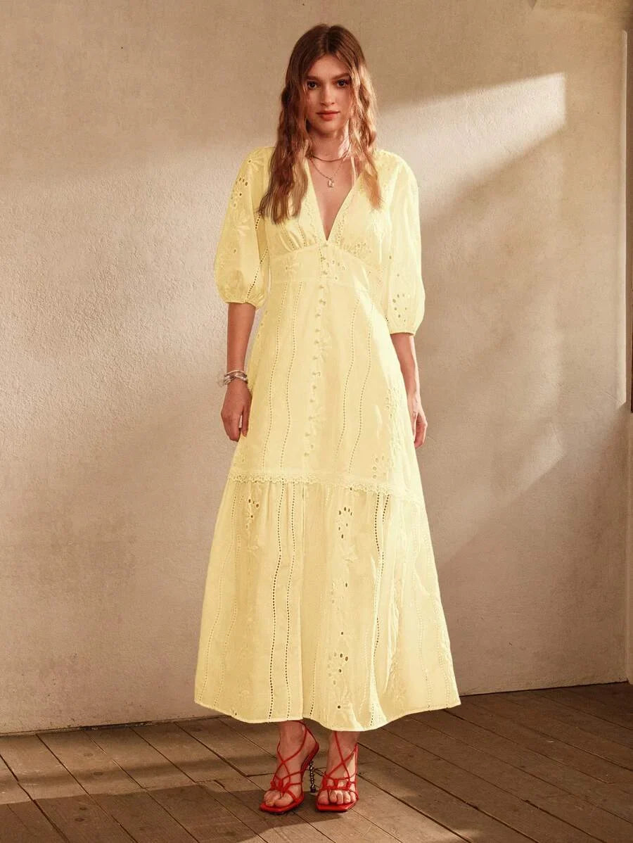 White VNeck Split Hem Floral Lace Dress