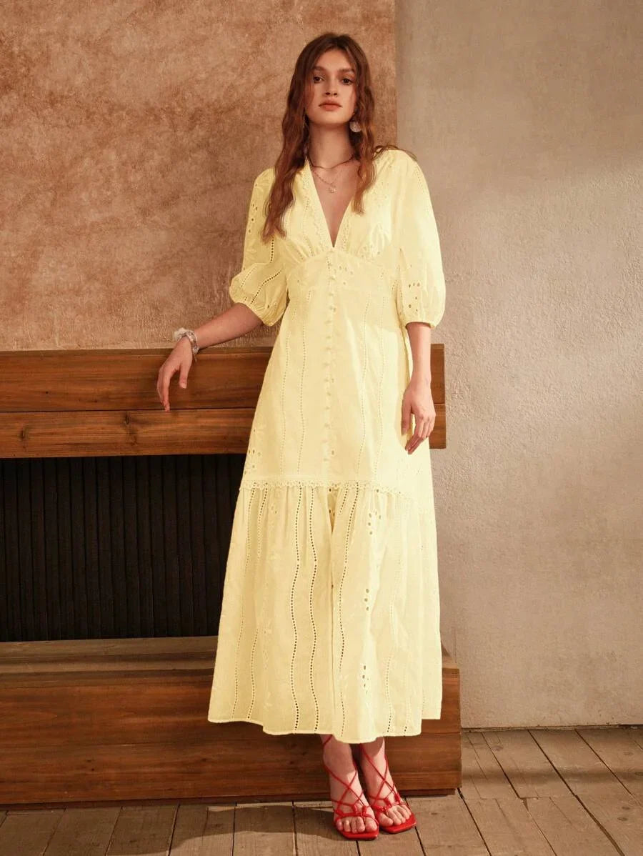 White VNeck Split Hem Floral Lace Dress
