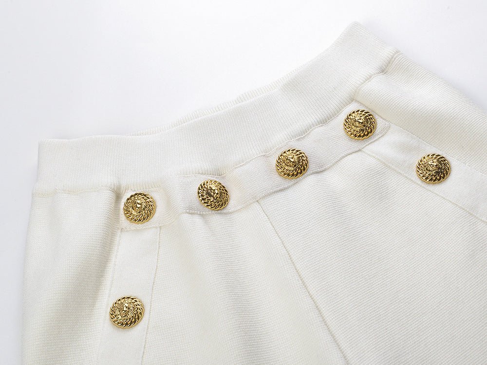 White wide-leg relaxed fit pants with gold-tone button detailing
