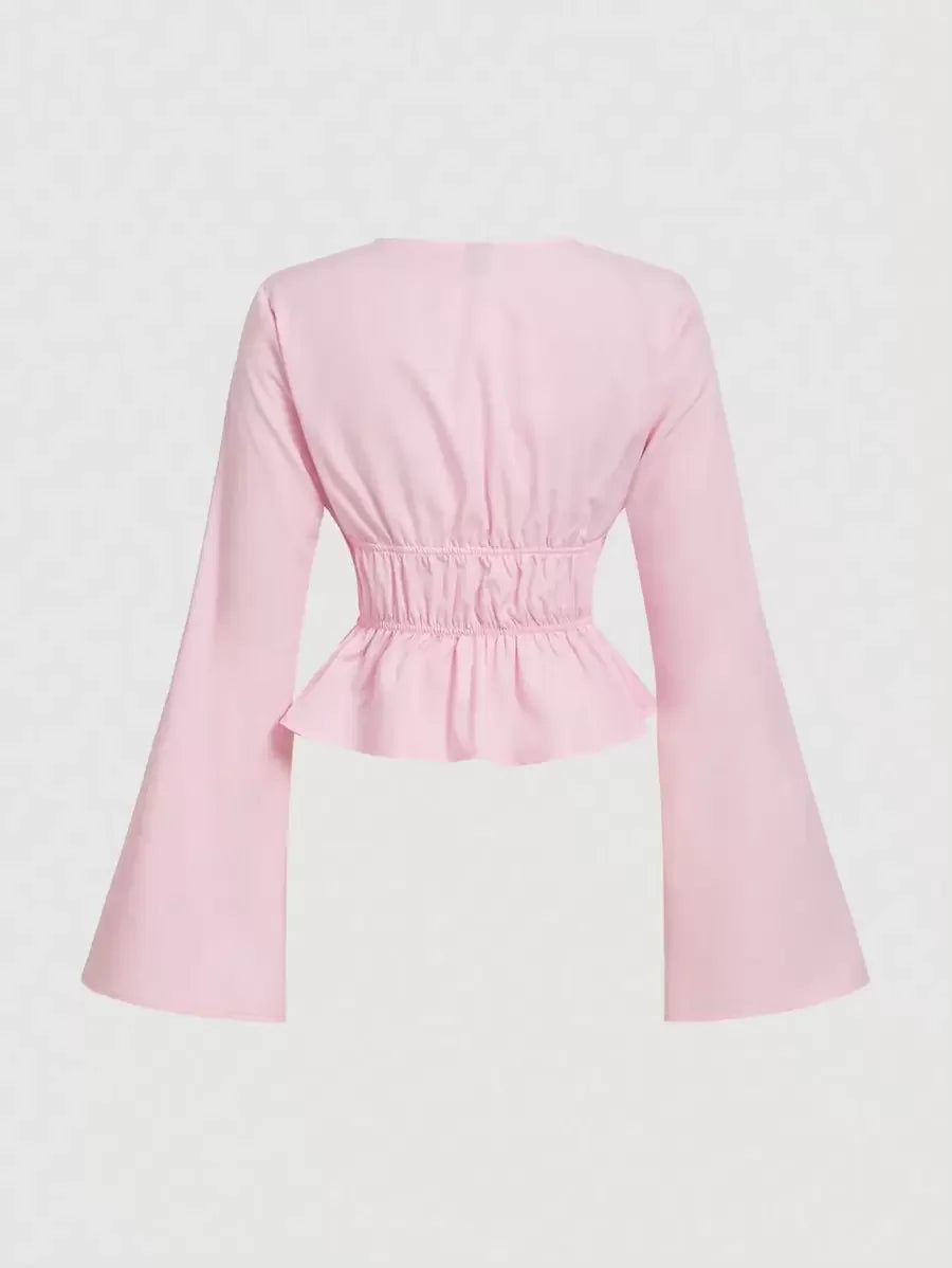 White Crop Top Womens Tie Front Flare Sleeve
