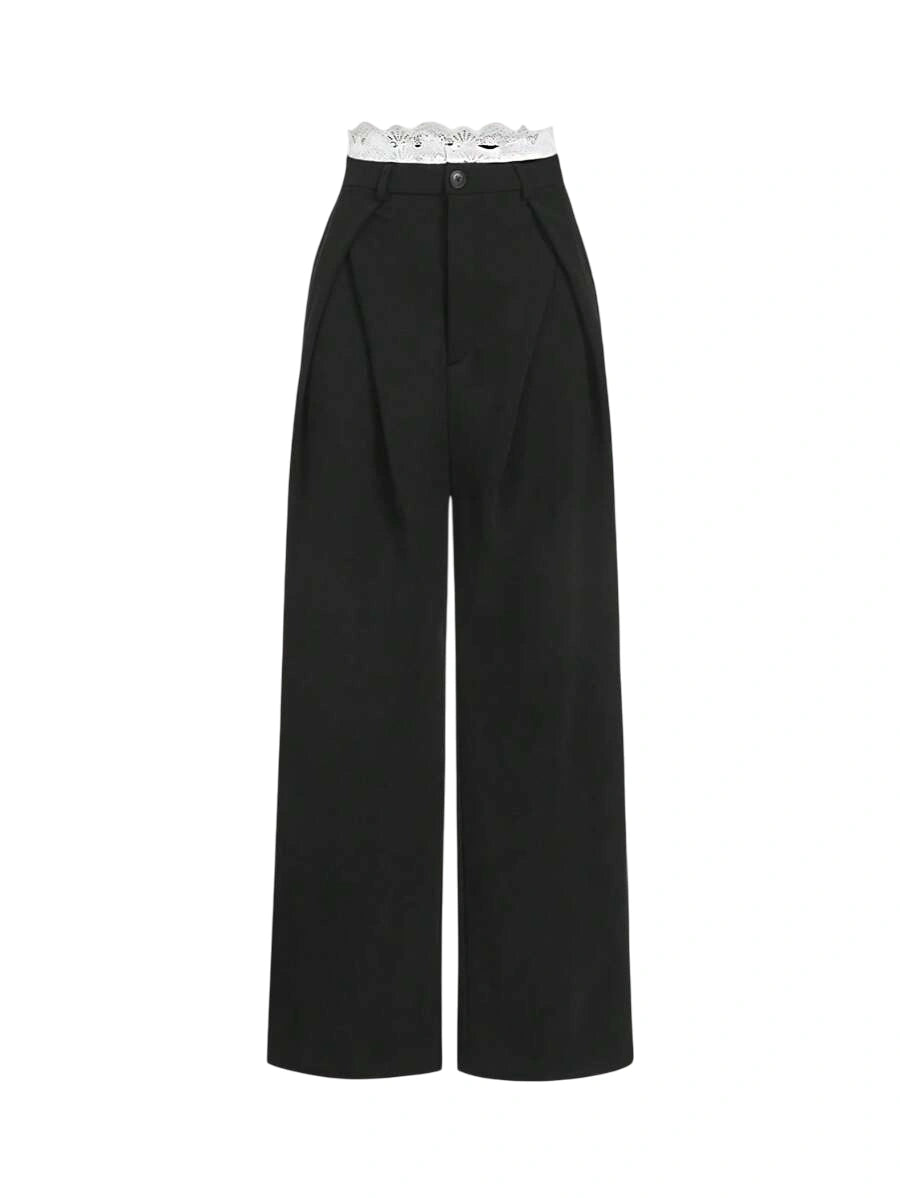 Wide Leg Pants With Lace Hem And Front PleatsUniformBaggy Wide Leg Office Wear Business Casual Work