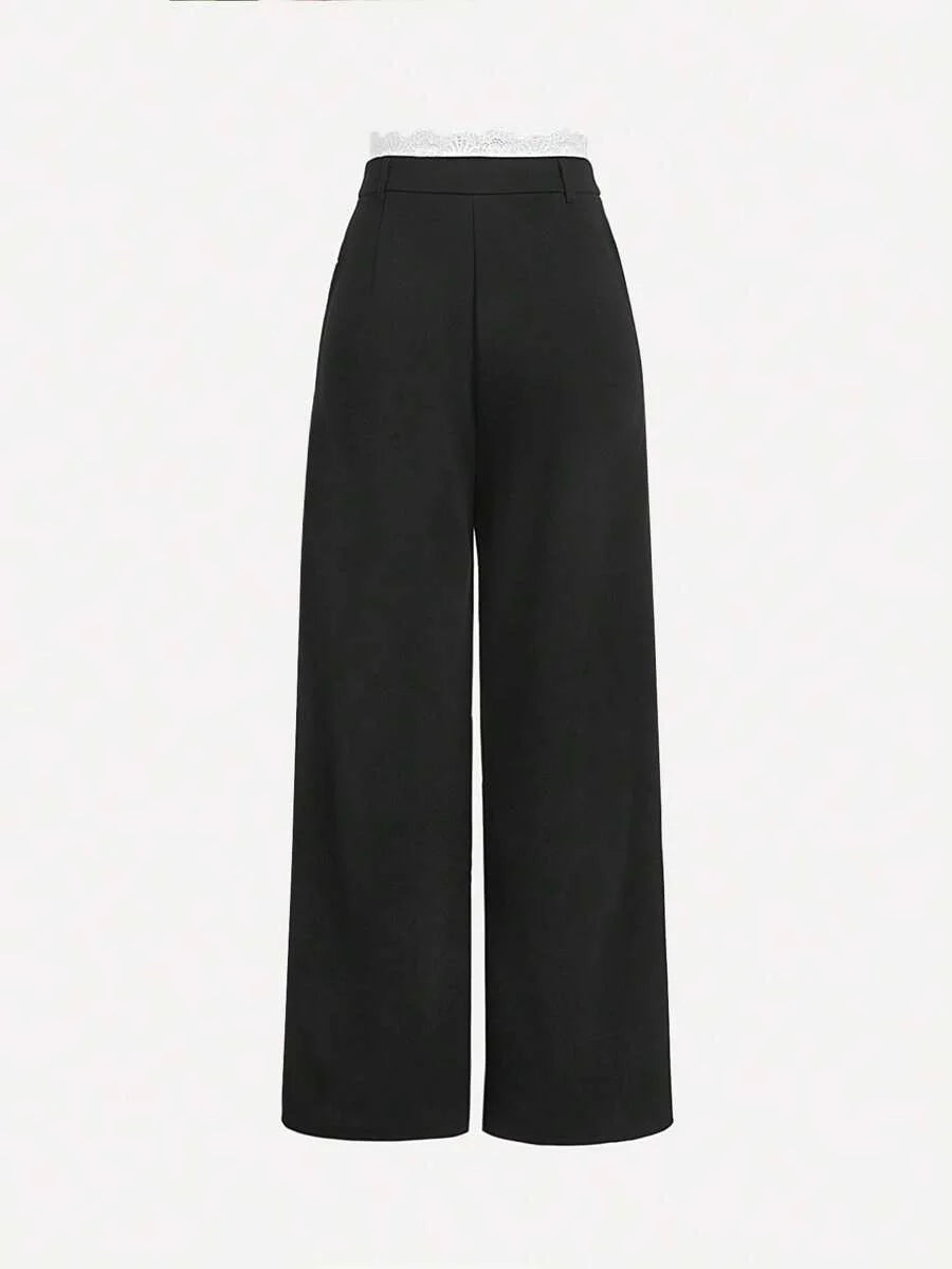 Wide Leg Pants With Lace Hem And Front PleatsUniformBaggy Wide Leg Office Wear Business Casual Work