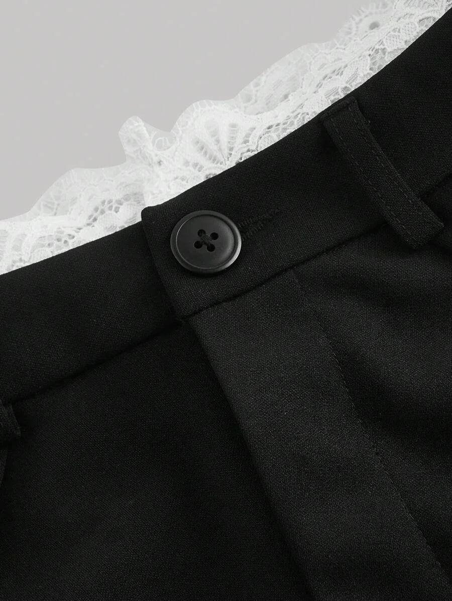Wide Leg Pants With Lace Hem And Front PleatsUniformBaggy Wide Leg Office Wear Business Casual Work