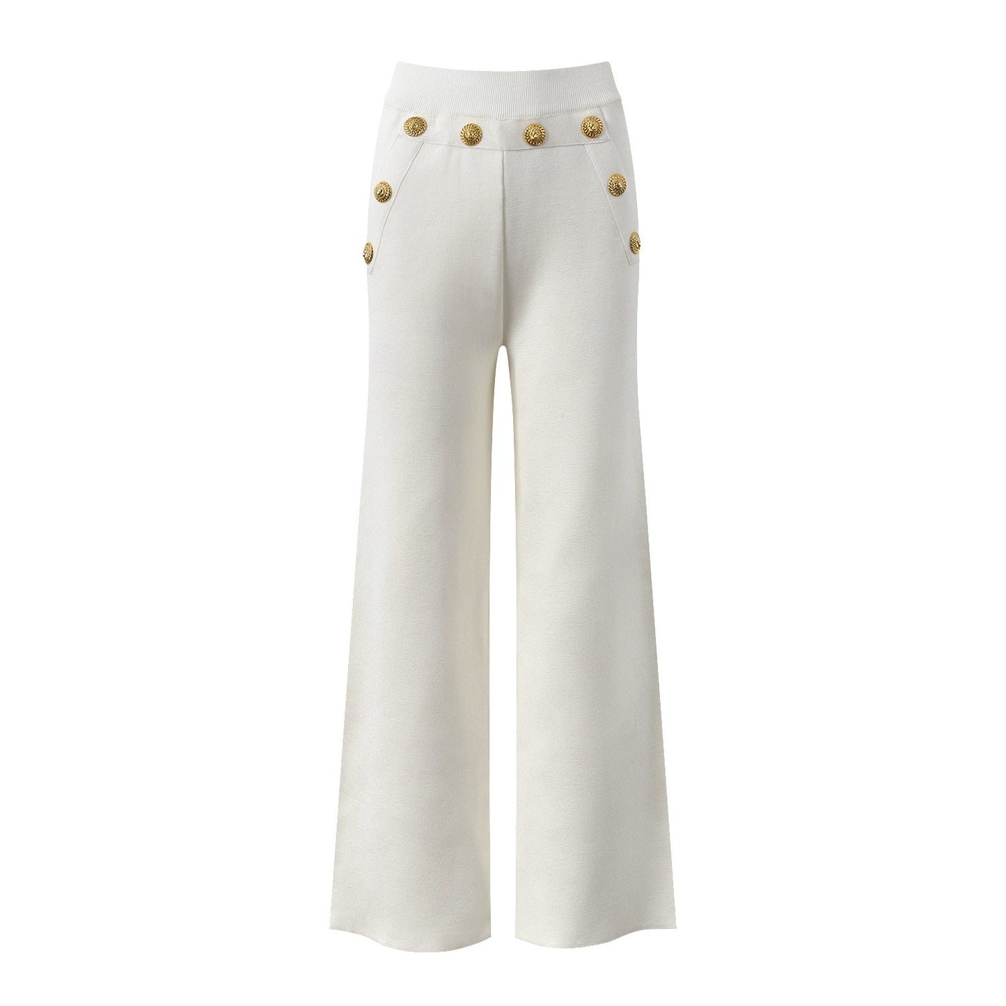 Wide-leg white pants with gold button detailing