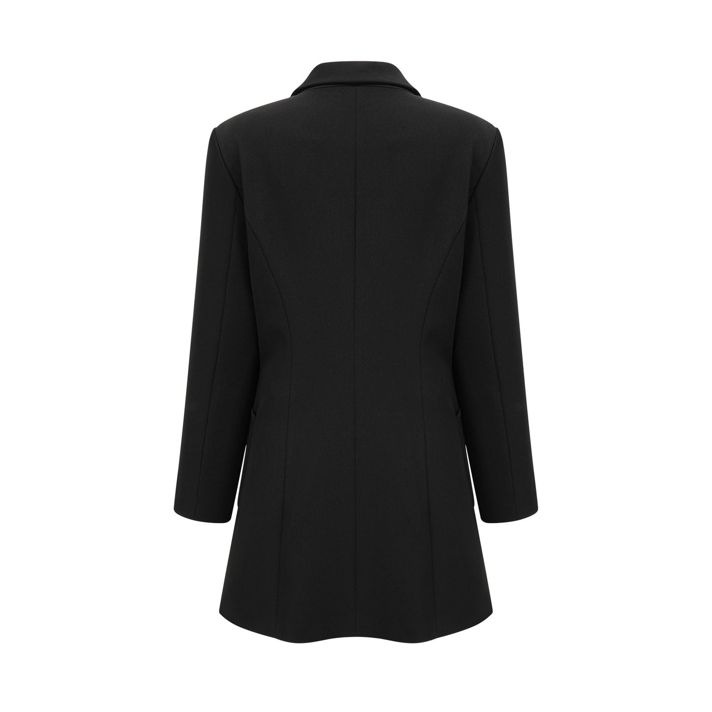 Woman wearing a black blazer dress with single breasted design and fitted silhouette