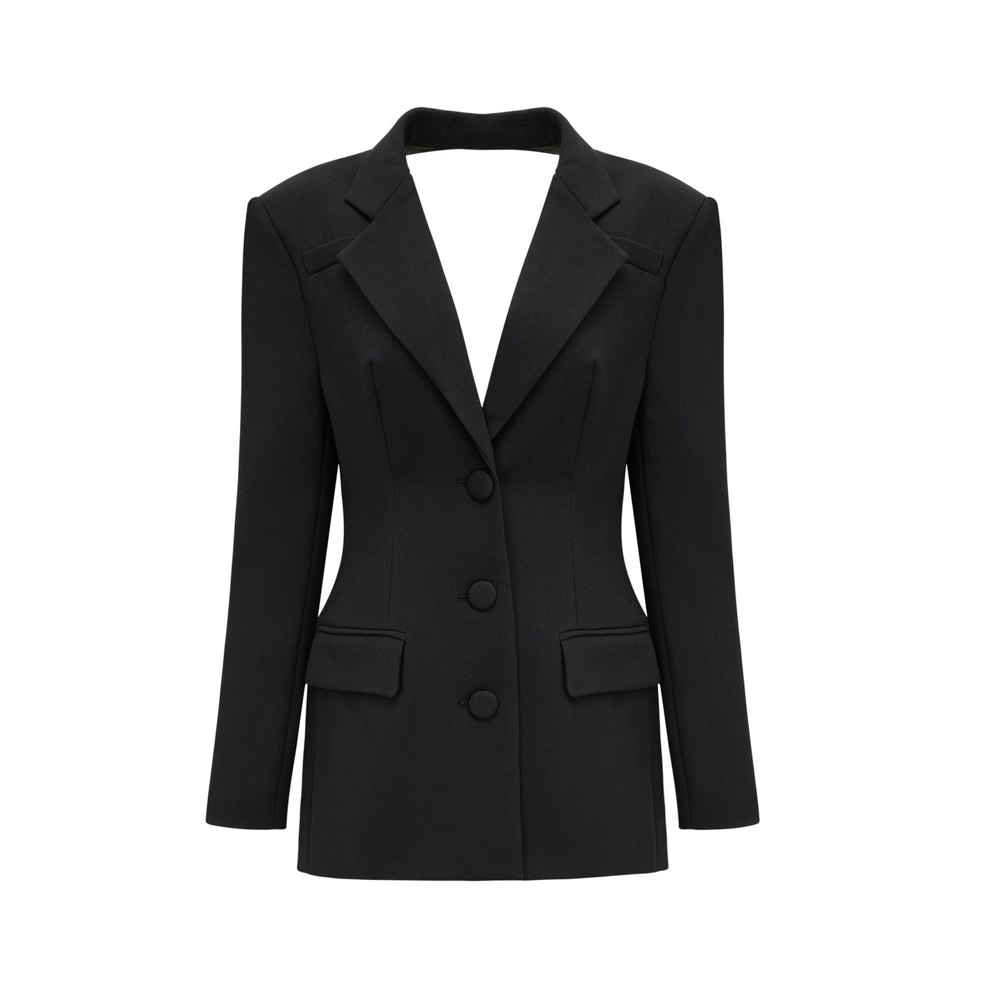 Black kneelength dress with long sleeves notched lapels scoop back buttoned cuffs fitted waistline crystal embellishment and front button fastening 100% Polyester