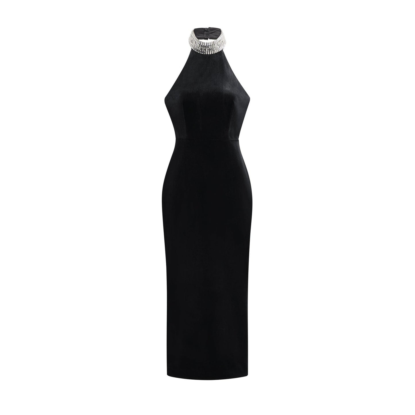 Black sleeveless anklelength dress with an embellished crystal turtle neck and side slit Rear zip closure made of 100% Polyester