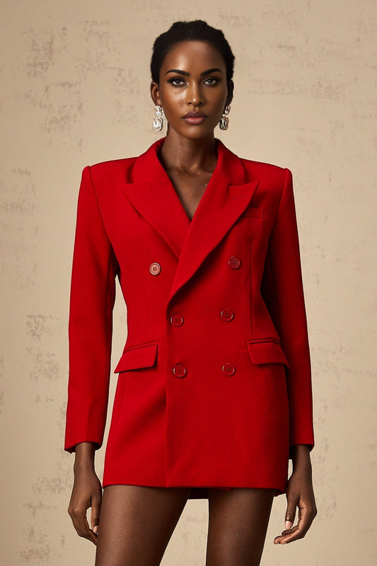 Woman wearing a bright red doublebreasted blazer with lapels and buttons visible