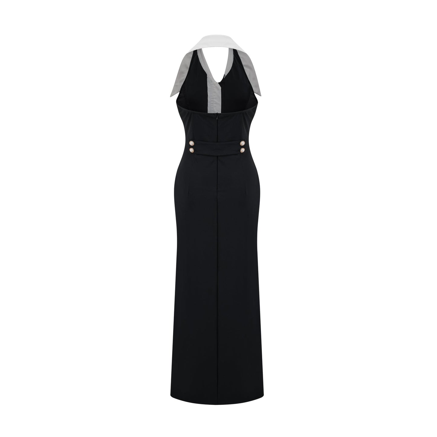 Woman wearing a fitted maxi dress with colorblocked design featuring contrasting colors and a long silhouette