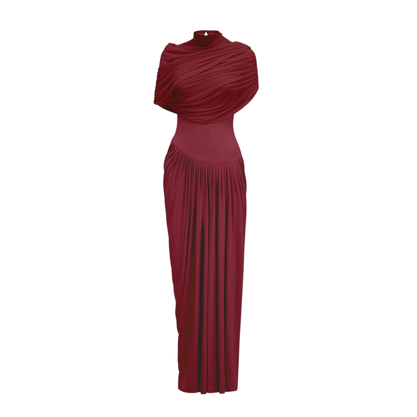 Woman wearing a long red asymmetric pleated maxi dress with one shoulder