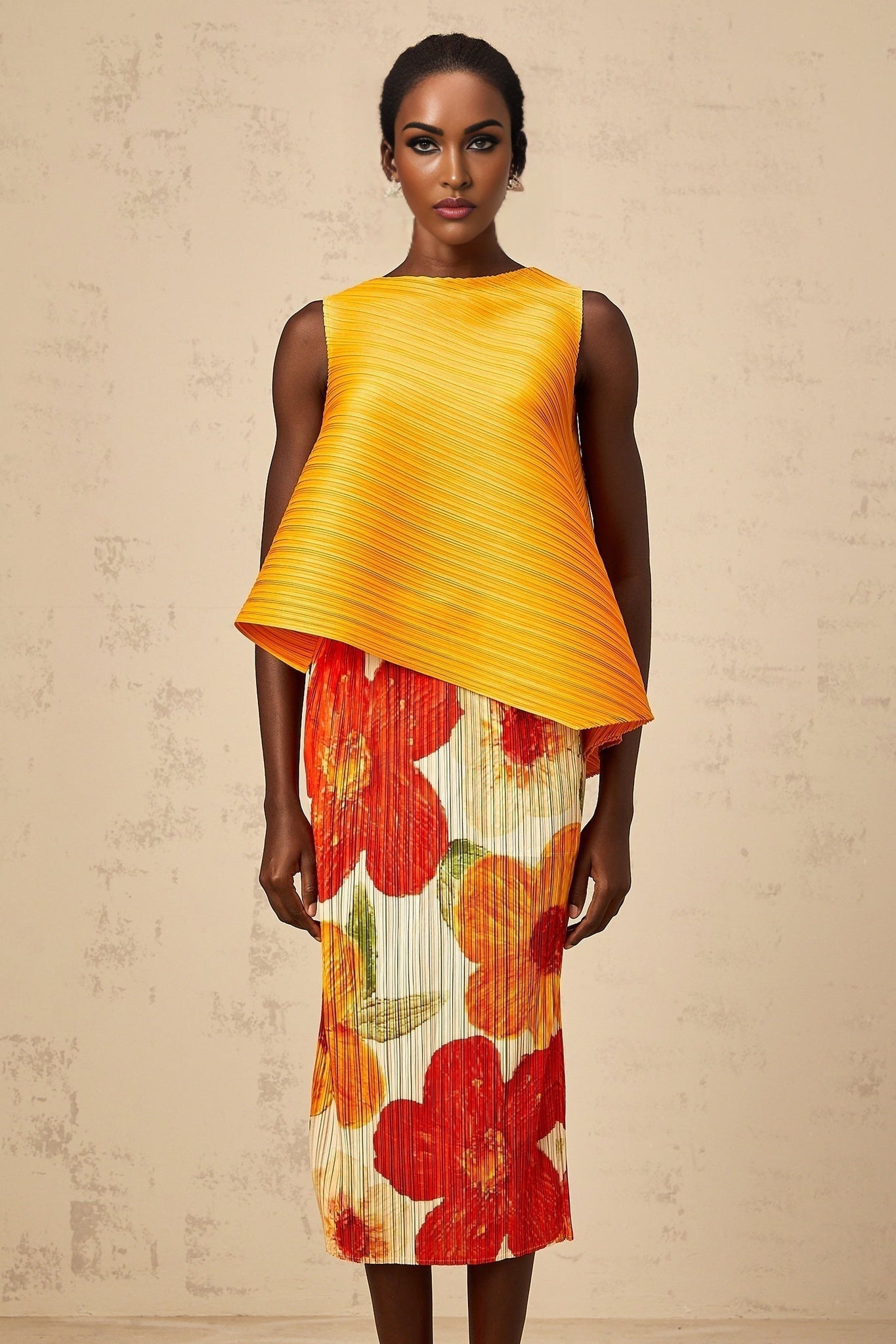 Woman wearing a matching amberorange crinkled fabric top and skirt set called Zazie