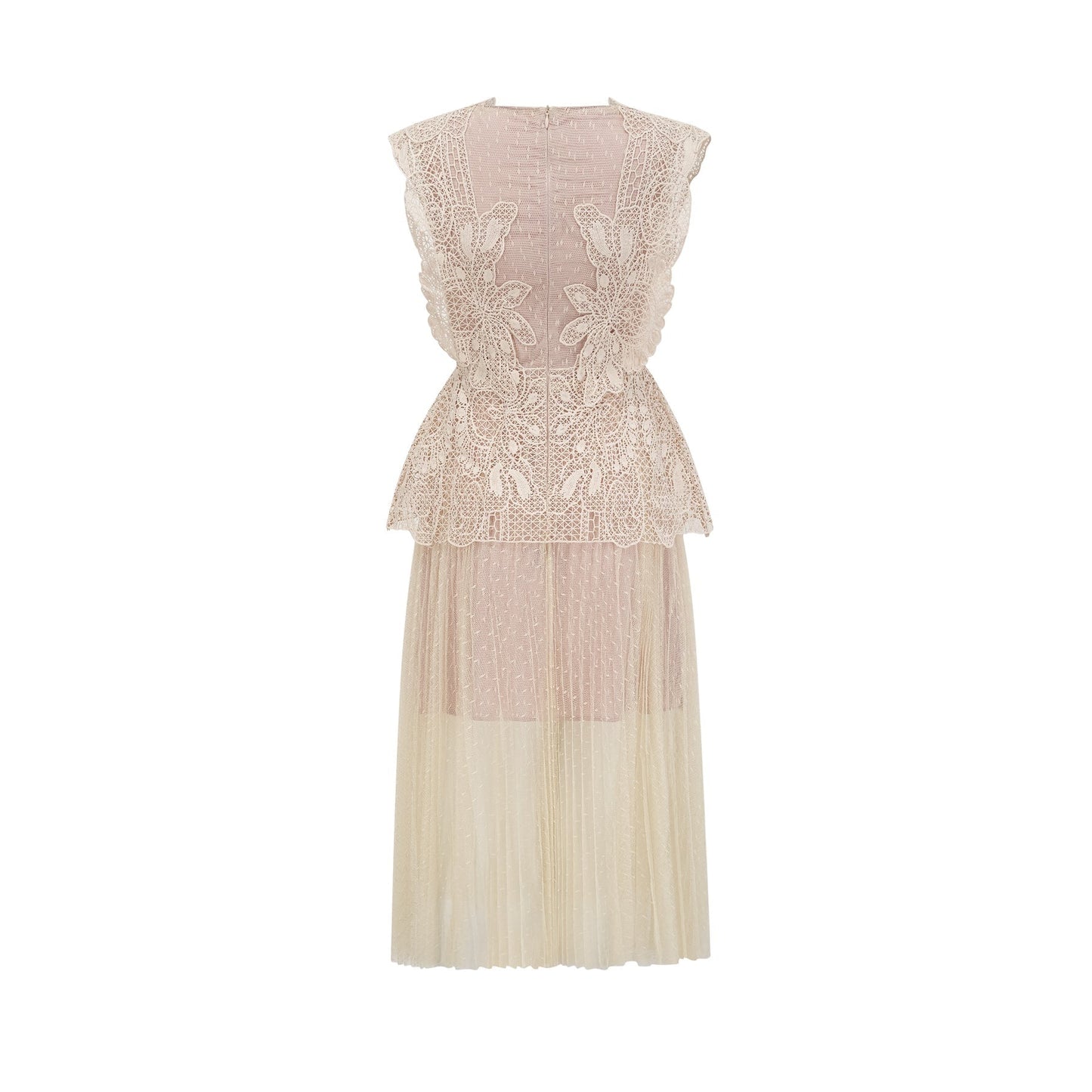 Woman wearing a neutral colored midi dress with floral lace panels and tulle fabric featuring delicate details and a feminine silhouette