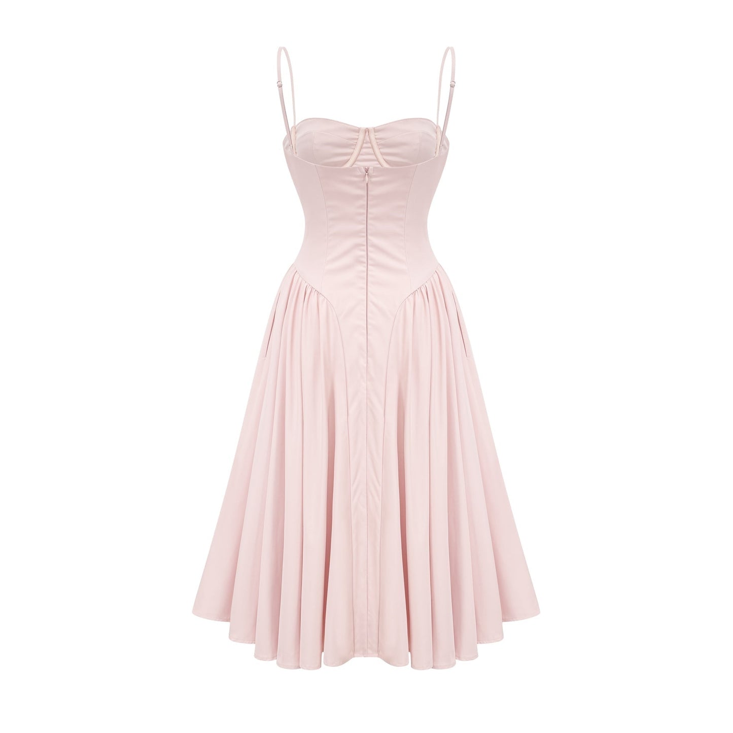 Pink designer dress with sleeveless bustier style delicate spaghetti straps and pleated skirt