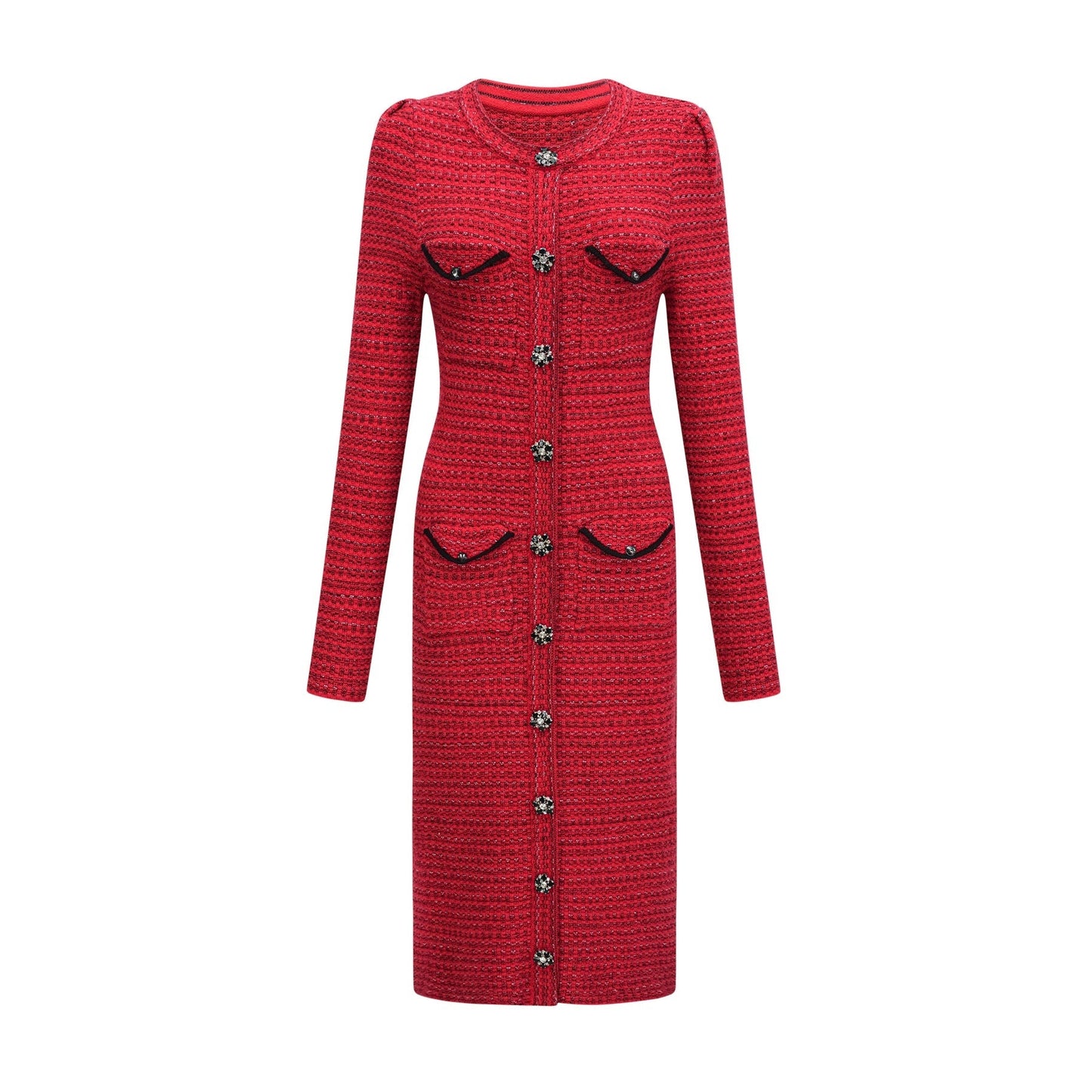 Woman wearing a red knit midi dress with embellishments standing in a neutral background