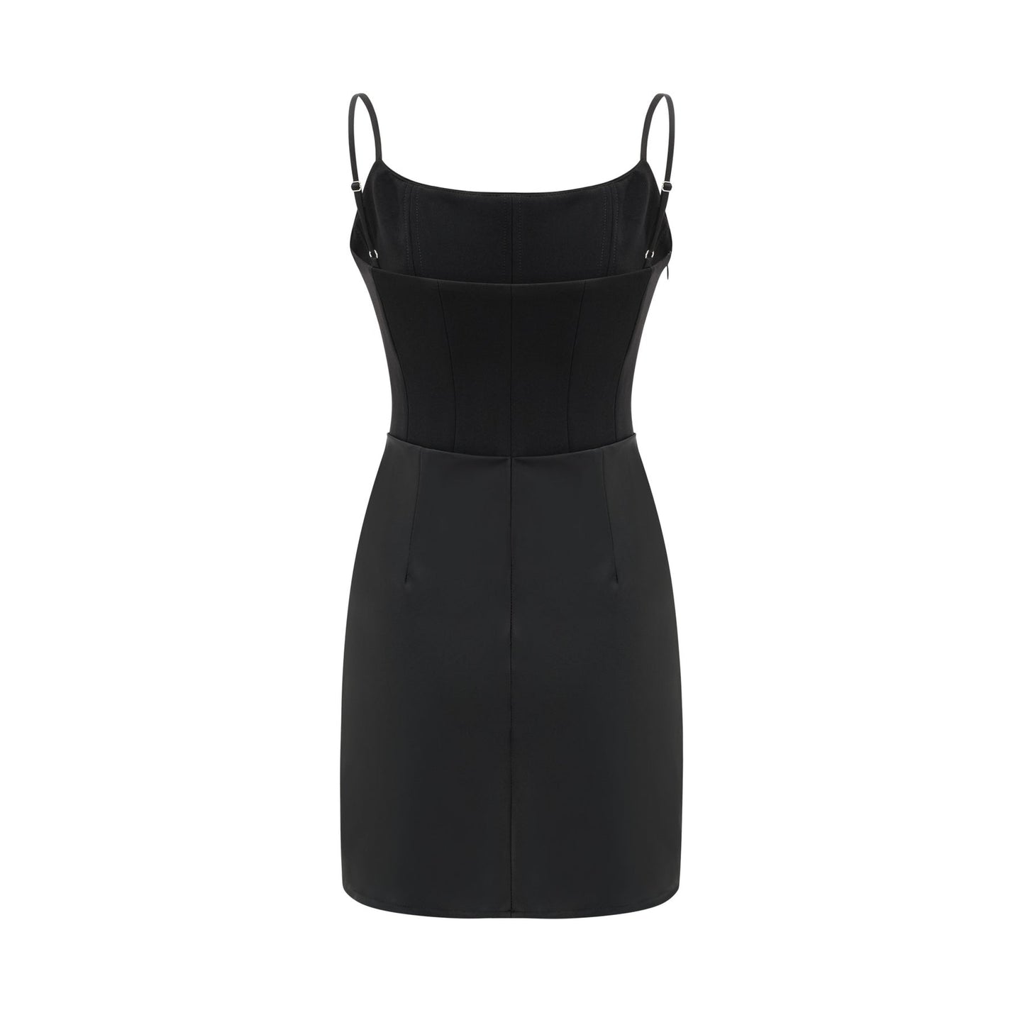 A black sleeveless mini dress with spaghetti straps square neck draped design and rear zip fastening Composed of 80% Polyester 20% Cotton
