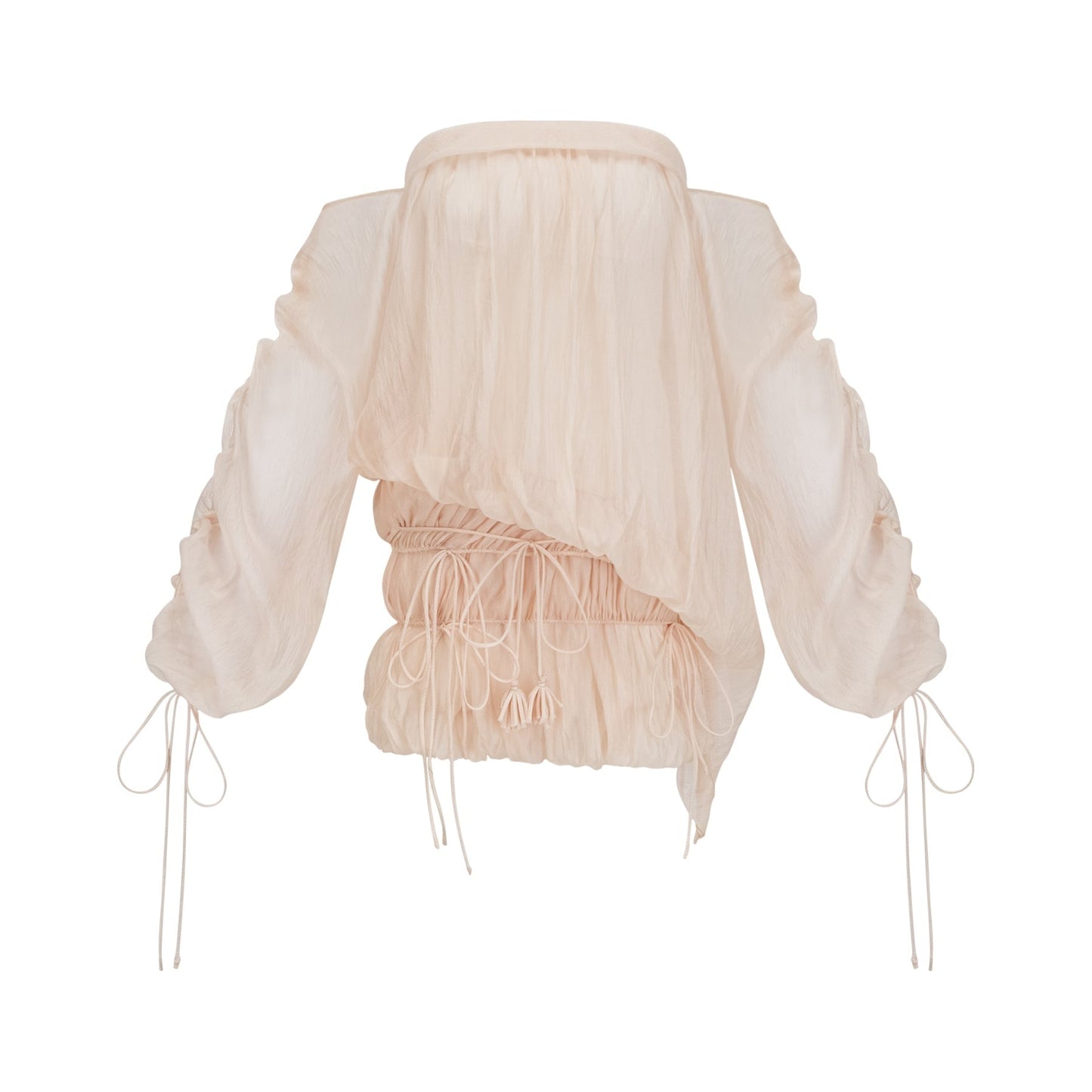 Woman wearing a short offshoulder dress with ruched details and selftie elements in a layered design