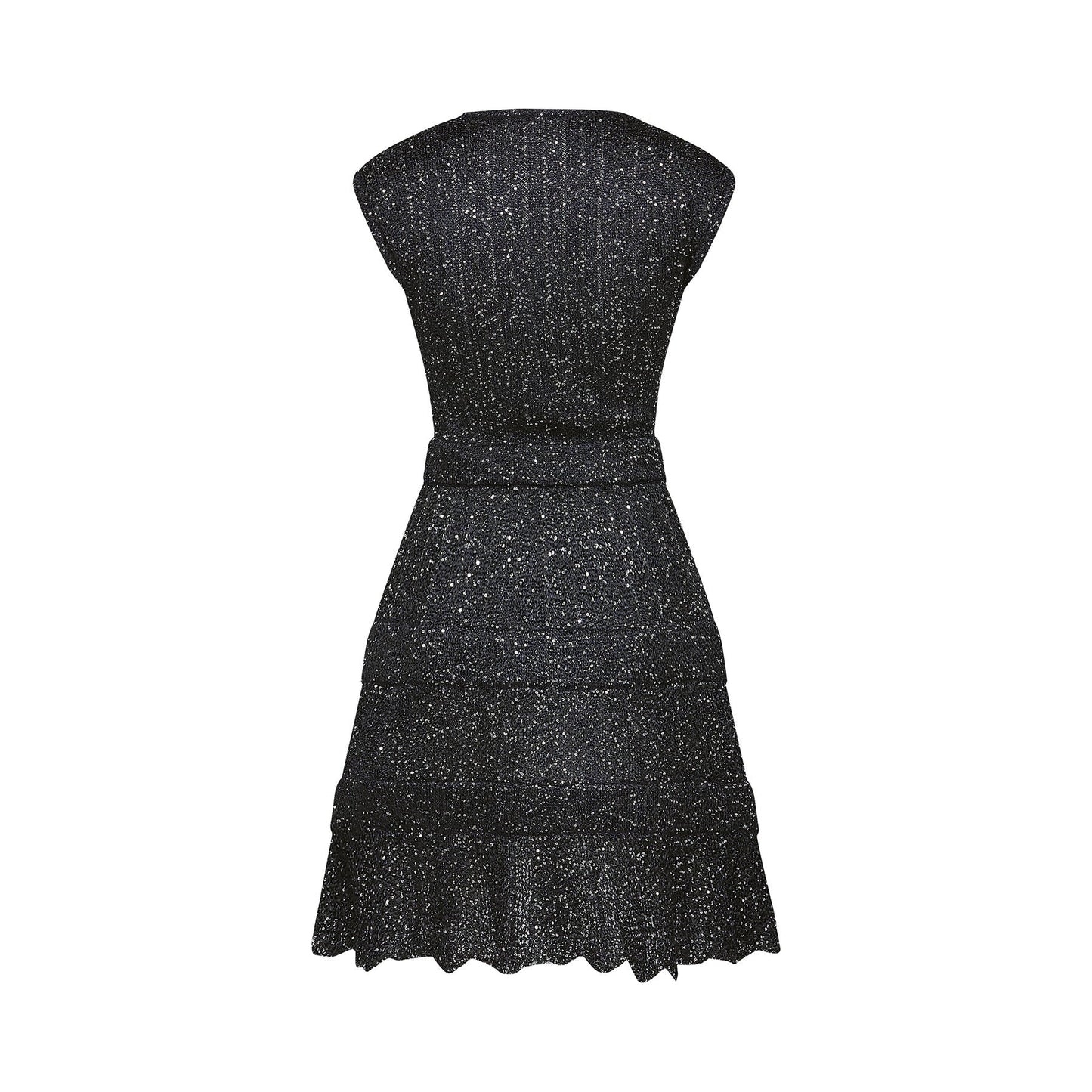 Black sleeveless mini dress with round neck sequin details and tiered skirt Knitted design with 50% Viscose 32% Polyamide 15% Terylene 3% Elastane
