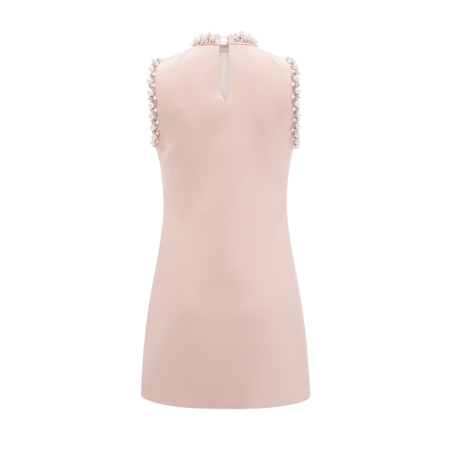 Sleeveless pink dress with crystal faux pearl embellishments round neckline thigh length rear button fastening Made of 80% Polyester 20% Cotton
