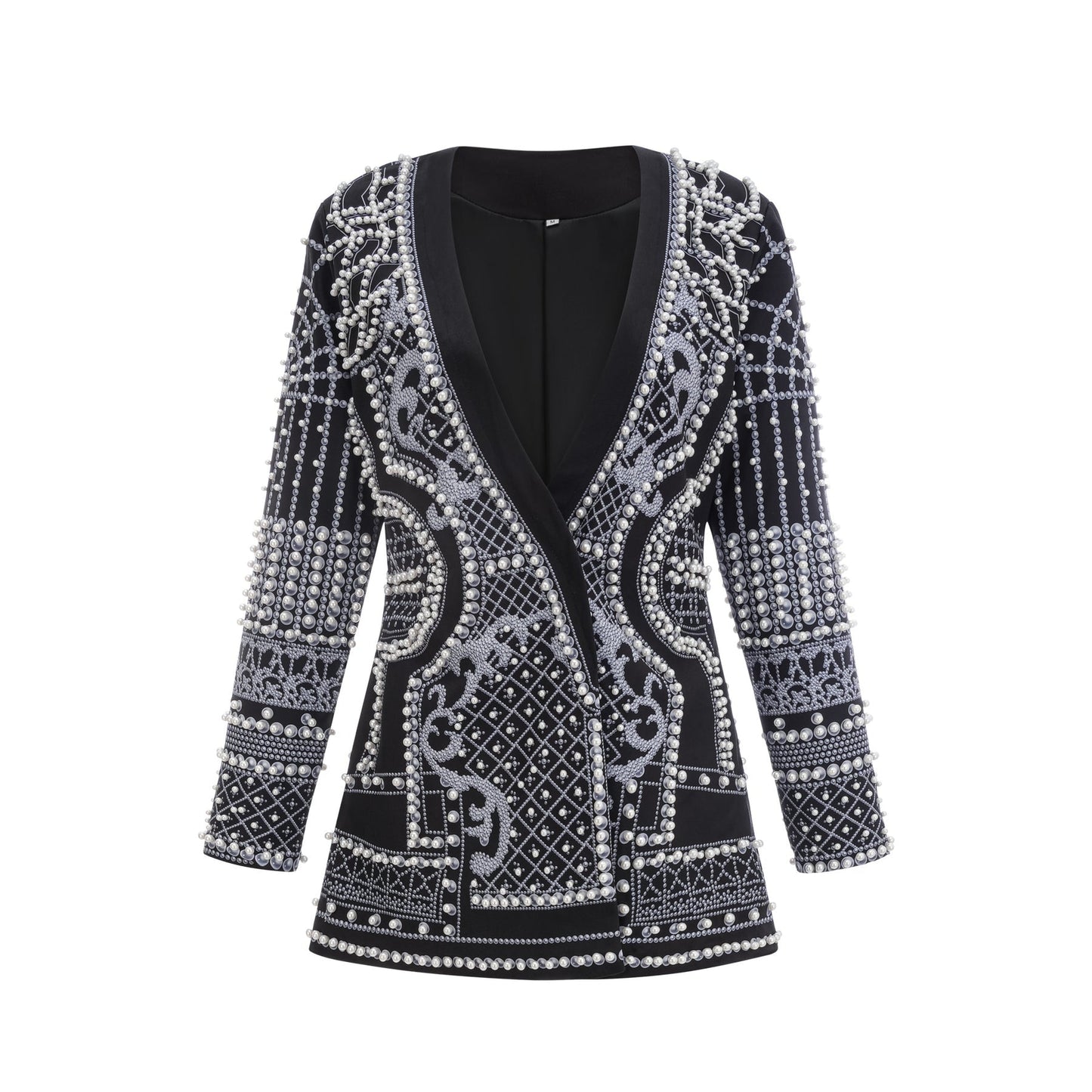 Woman wearing a Vneck blazer dress with Catherine pattern print