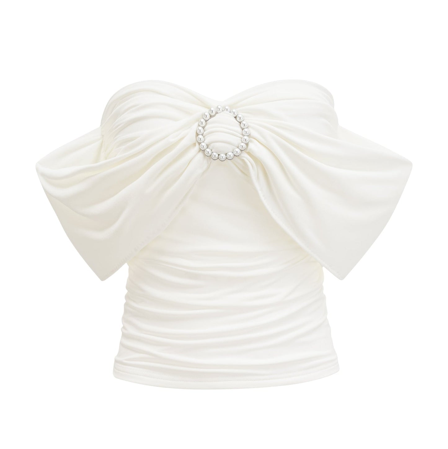 Woman wearing a white sleeveless top with gathered details at the neckline and shoulders