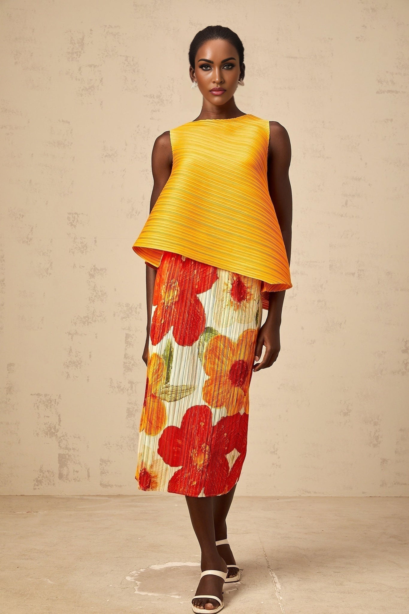 Woman wearing amberorange crinkled fabric matching set consisting of a sleeveless top and midi skirt standing against plain background