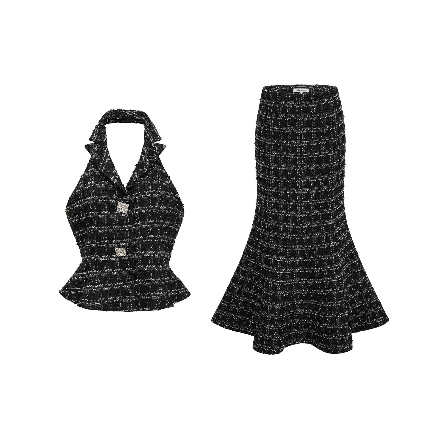 Woman wearing black and white checked tweed vest top and matching skirt set named Axelle