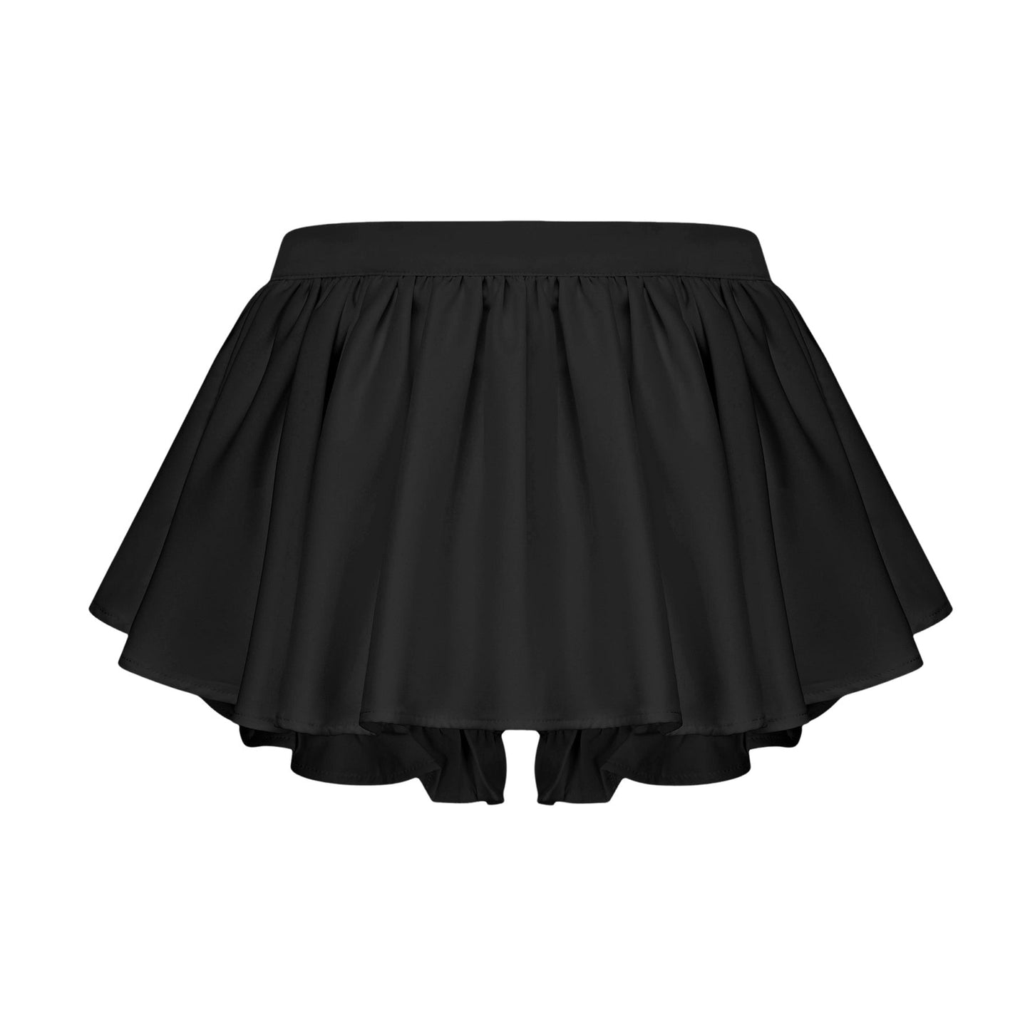 Woman wearing black Andrea asymmetric tulle blouse and matching skirt set