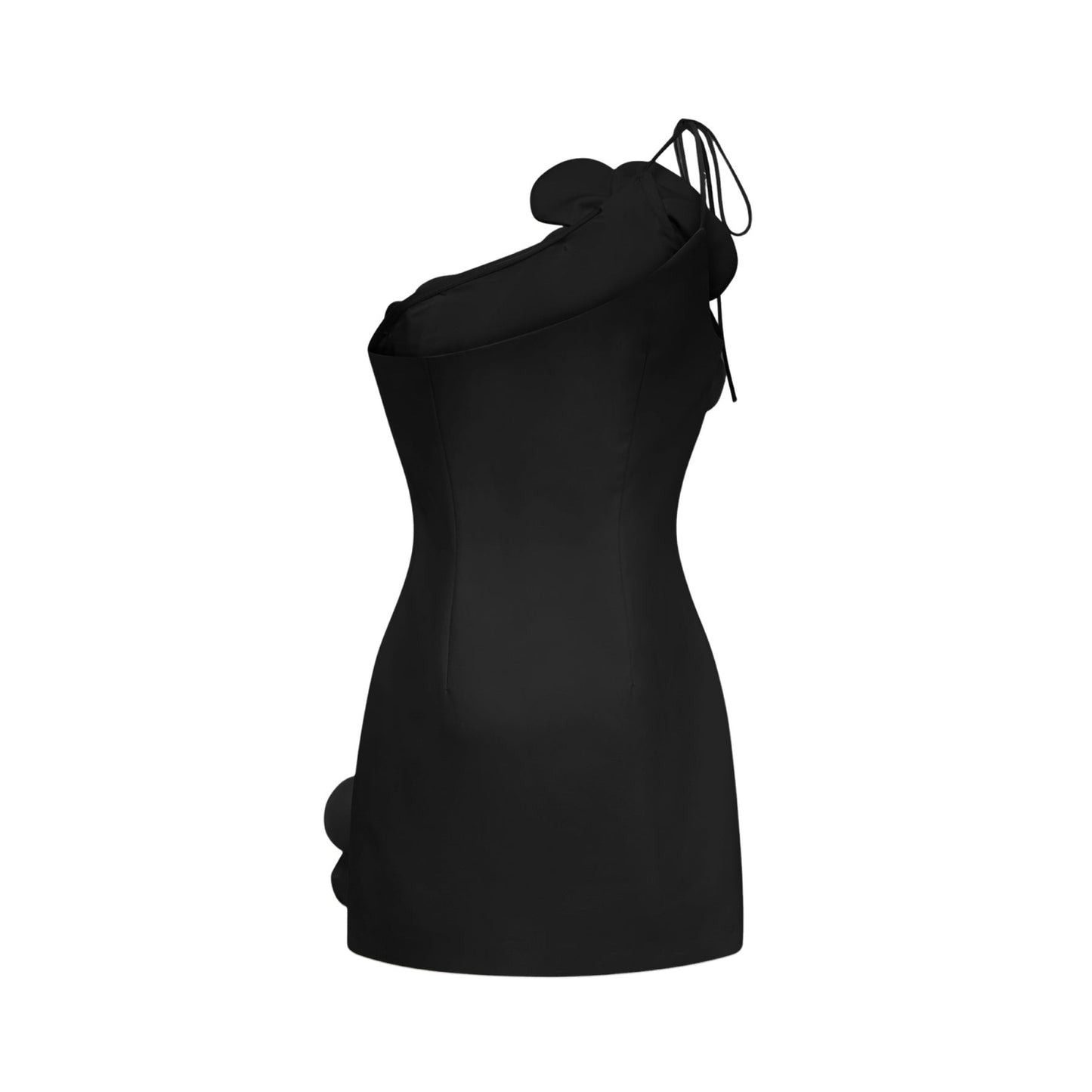 Woman wearing black offshoulder mini dress with floral pattern standing against plain background