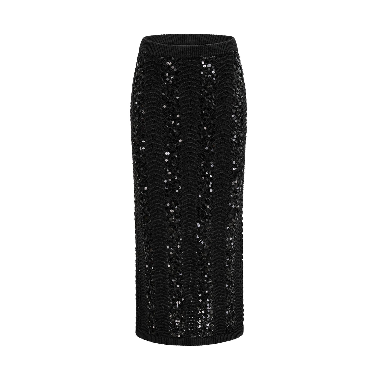 Woman wearing black sequined crochet knit cardigan and matching skirt set