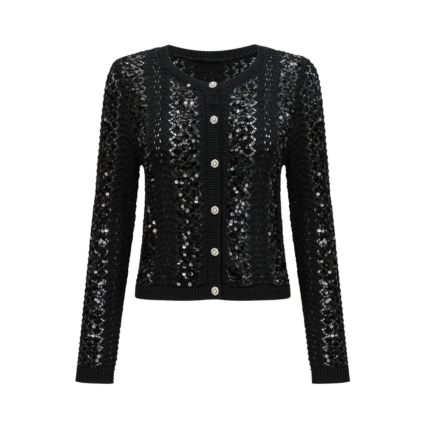 Woman wearing black sequined crochet knit cardigan and matching skirt set