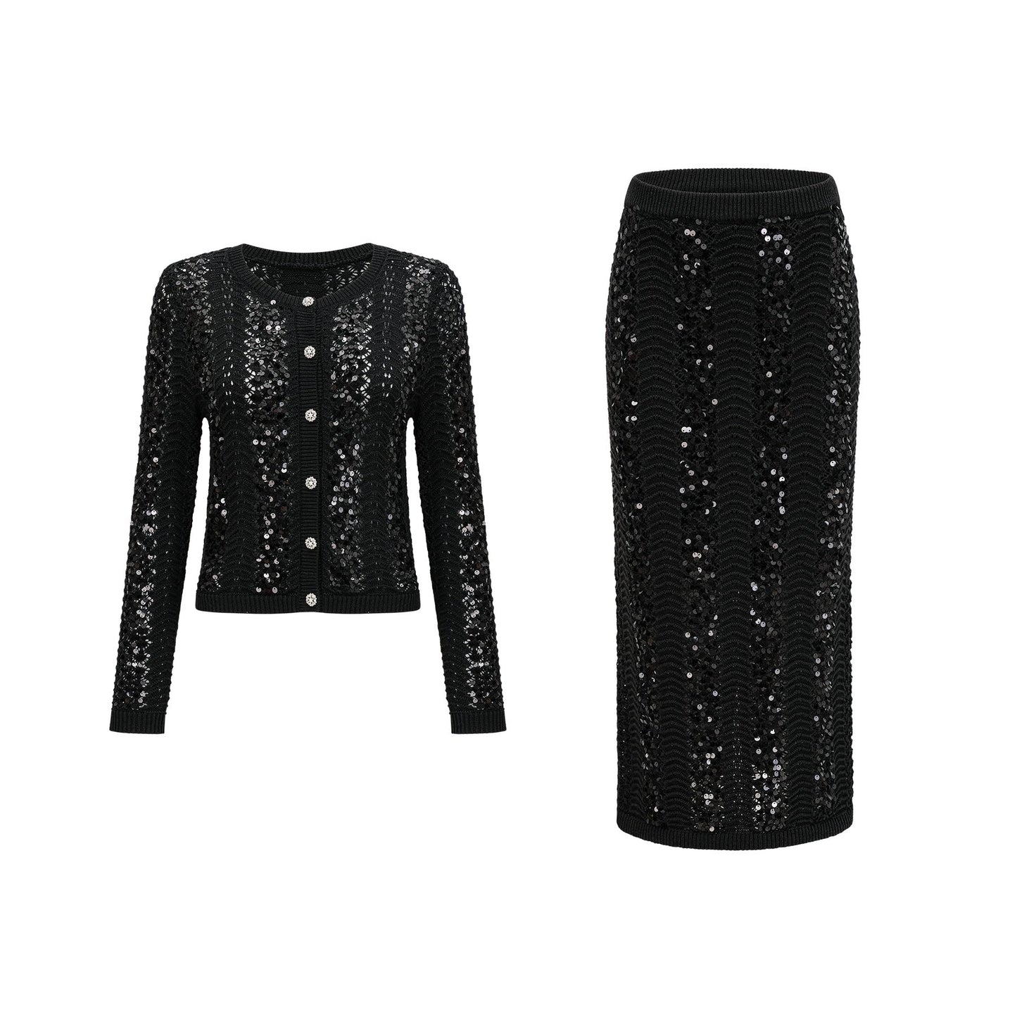 Woman wearing black sequined matching set consisting of crochet knit cardigan and skirt Ophelie design