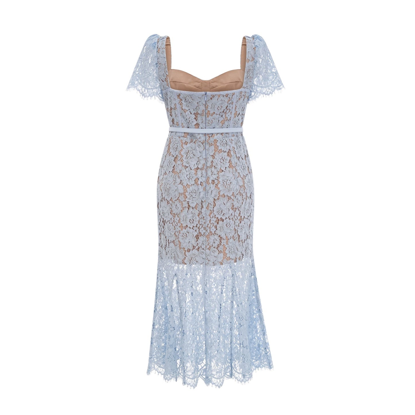 Woman wearing blue floral lace midi dress with boned bodice and fitted silhouette