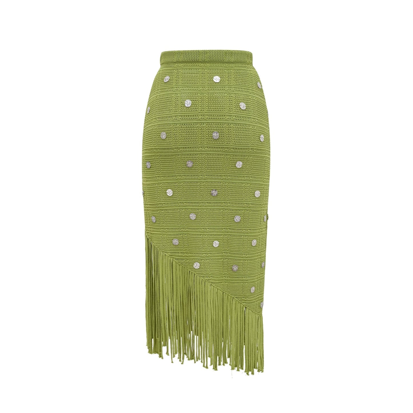 Woman wearing green knit top and skirt set with embellishments Annette style matching outfit