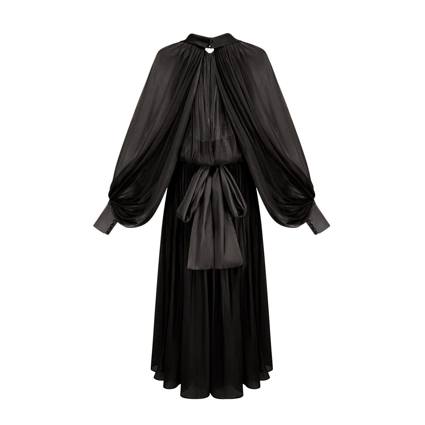 Woman wearing long black pleated satin maxi dress with flowing skirt and fitted bodice