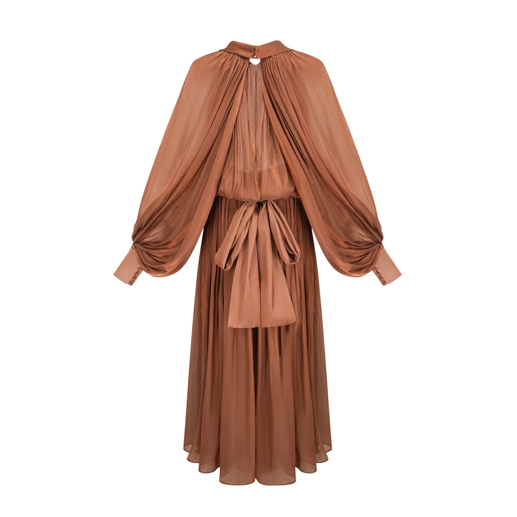 Woman wearing long brown pleated satin maxi dress with flowing skirt and fitted bodice