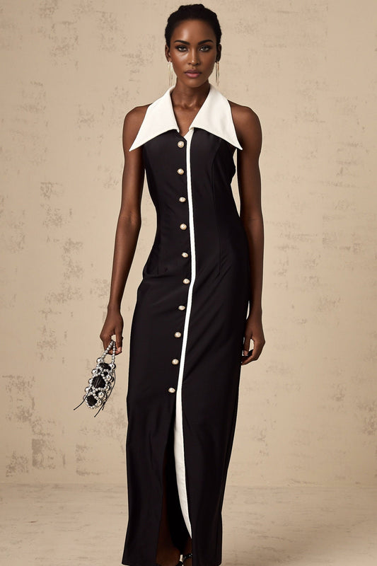 Woman wearing long fitted maxi dress with color block design in contrasting shades