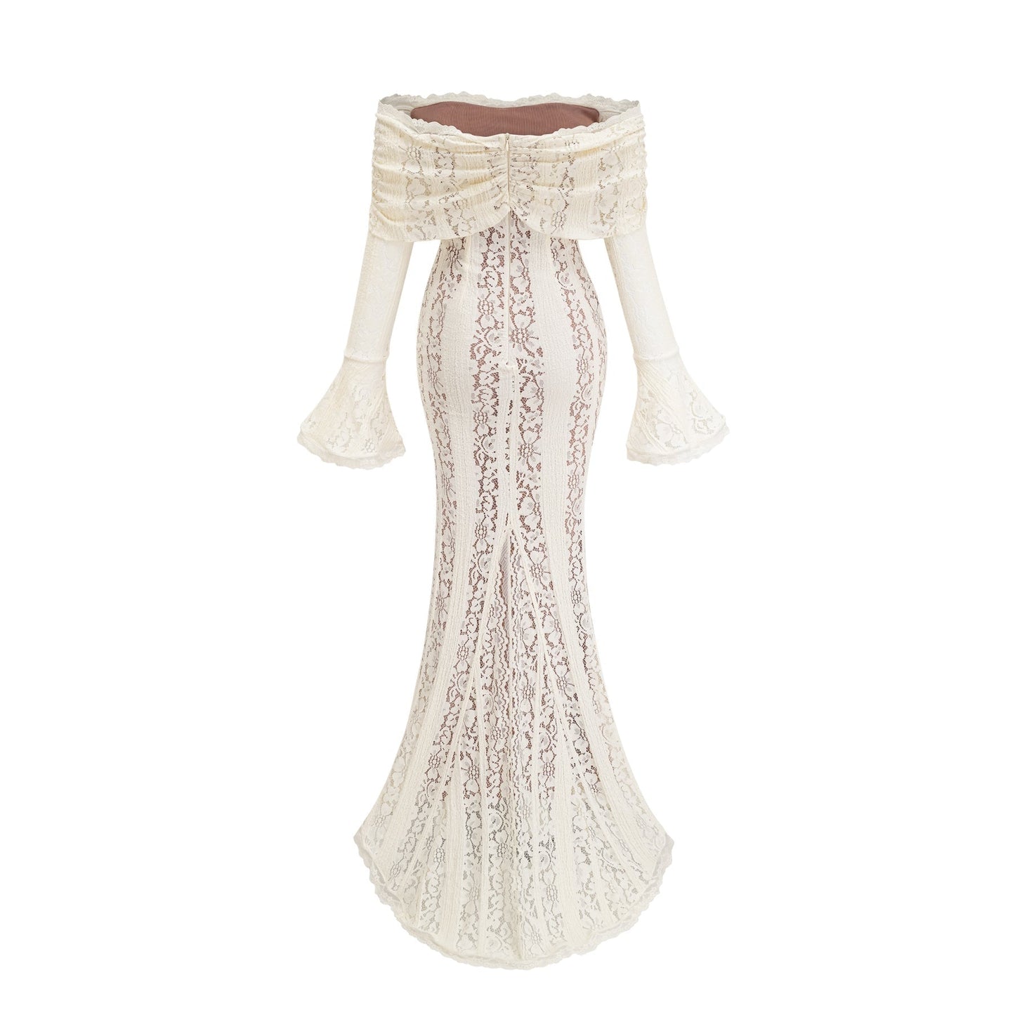 Woman wearing long neutral colored floral lace maxi dress with train detail
