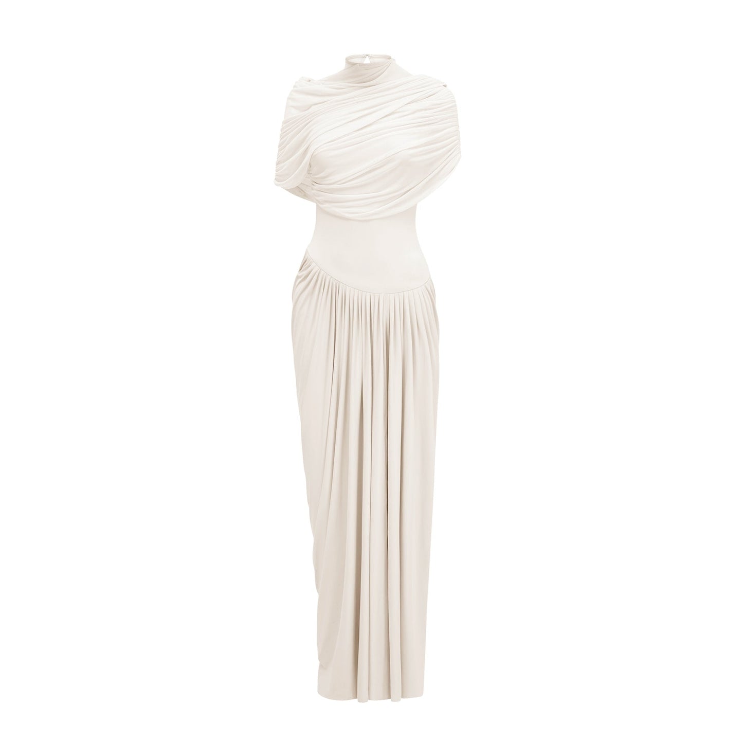 Woman wearing long white asymmetrical pleated maxi dress with flowing skirt and sleeveless design